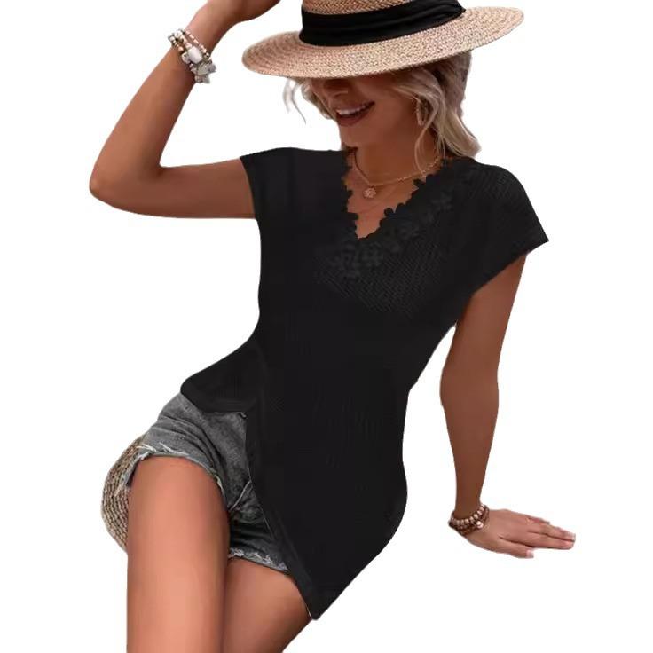 Summer Women's T-Shirt Solid Colour V Neck Lace Trimmed T-Shirt