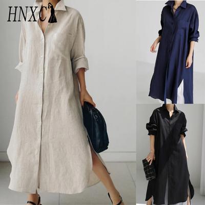 Damen lässiges lockeres Hemdkleid mit Umlegekragen und langen Ärmeln