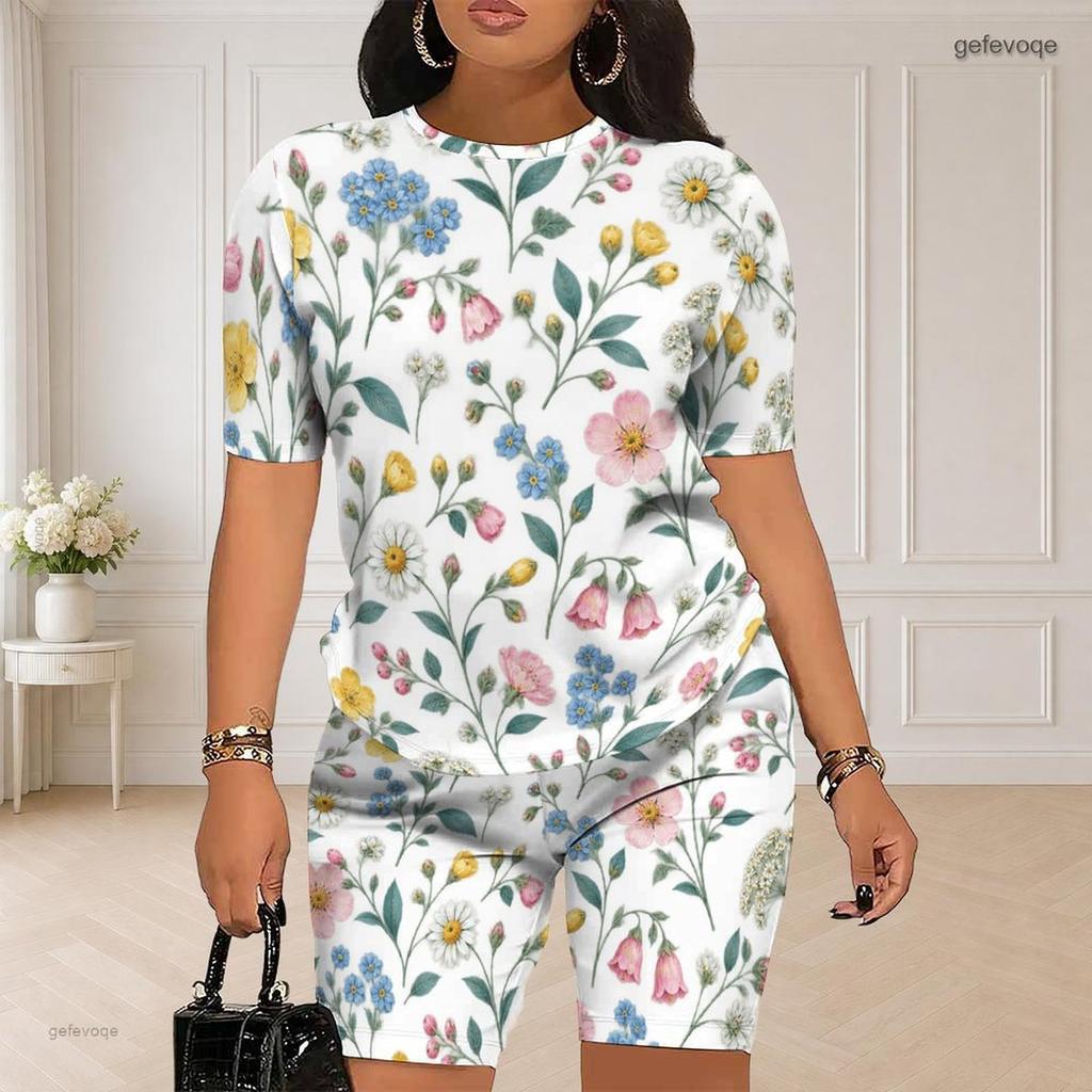 Women Plus Size Blue Rose Floral Printed Round Neck Short Sleeve Two Piece Fitted Shorts Set