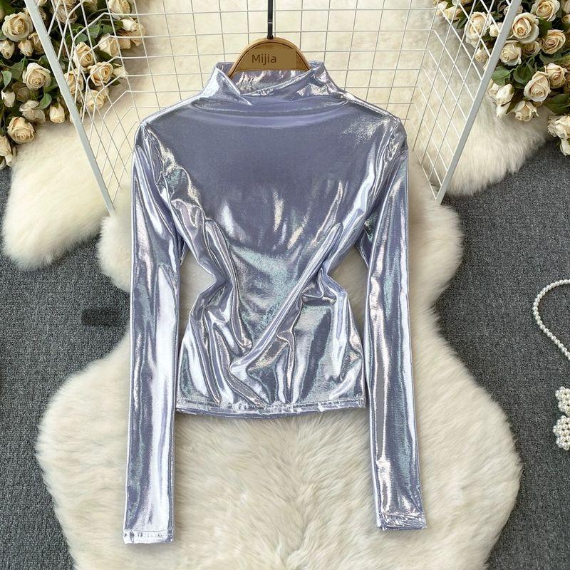 

Fashion Fashion Long Sleeve Stand-up Collar Slim Fit Metallic T-shirt Silver M