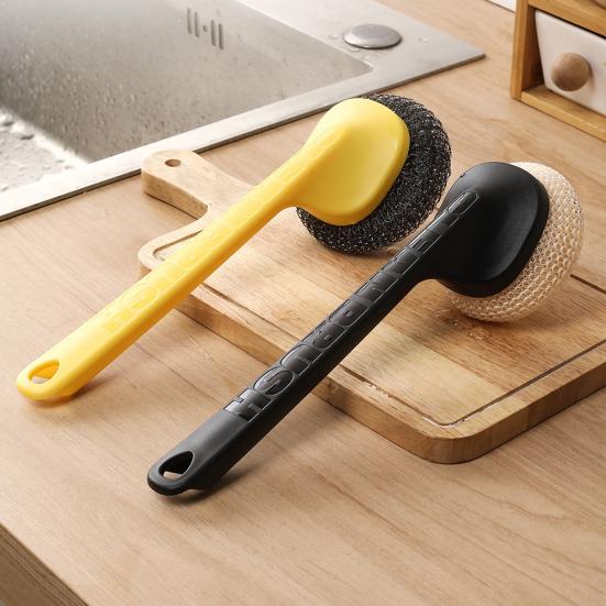 Pot Brush with Steel Ball Head Anti-Slip Grip Hanging Hole Long Handle Dishes Scrubber Kitchen Cleaning Tool