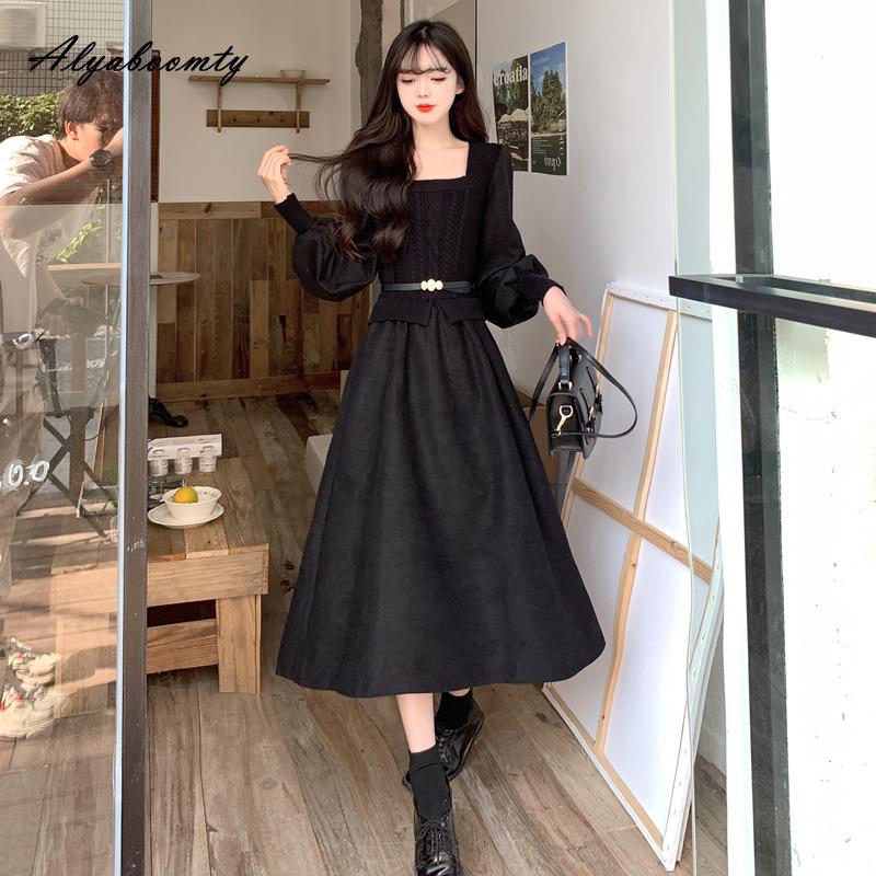 Podzimní Zimní Dámské Midi Šaty v Korejském Stylu Čtvercový Límec Pletenina Patchwork Ležérní Volné Šaty s Páskem Elegantní Ženské Vintage Šaty