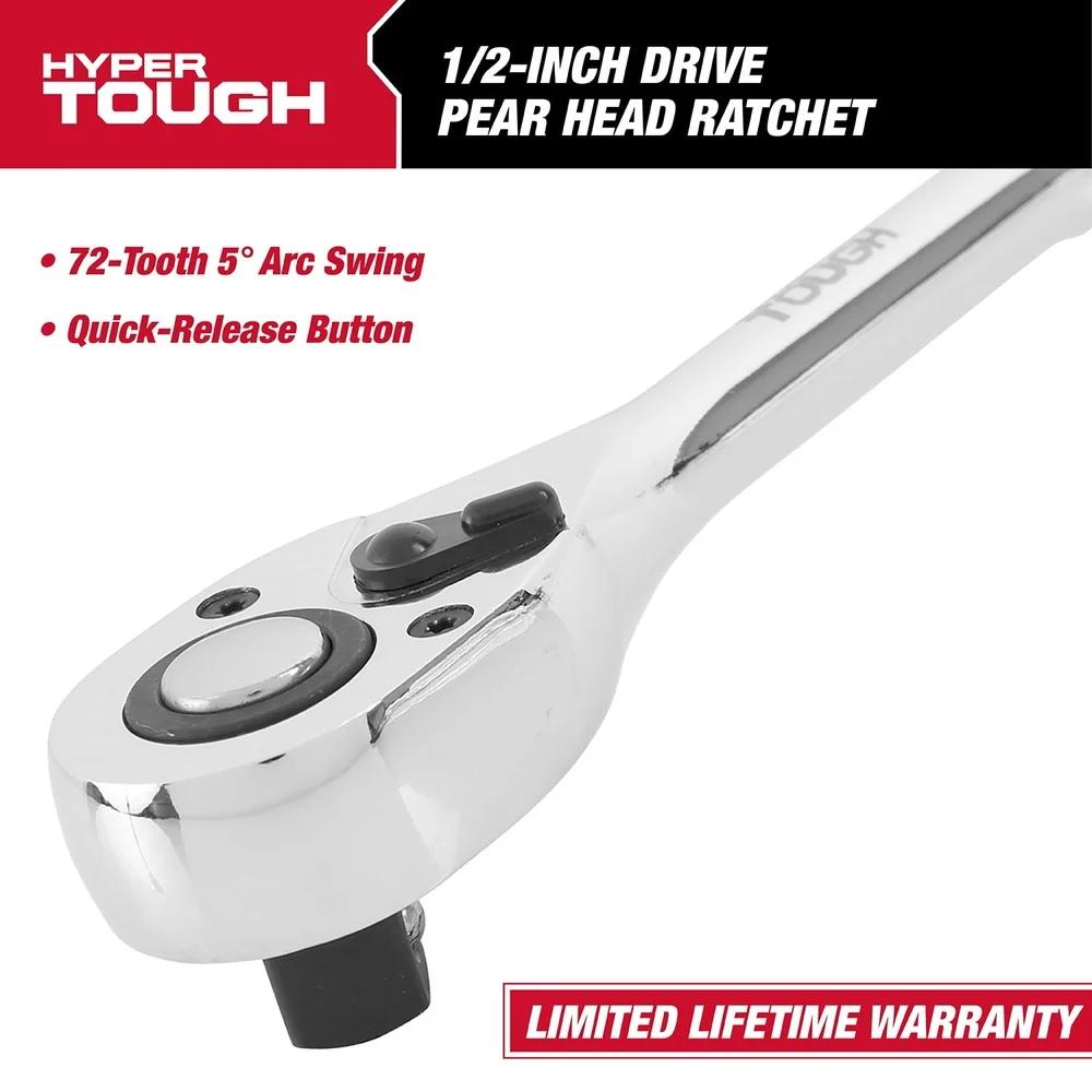 1/2 Inch Drive 72-Tooth Pear Head Ratchet Chrome Quick Release Heavy Duty Steel Tool Ergonomic Handle 5800V