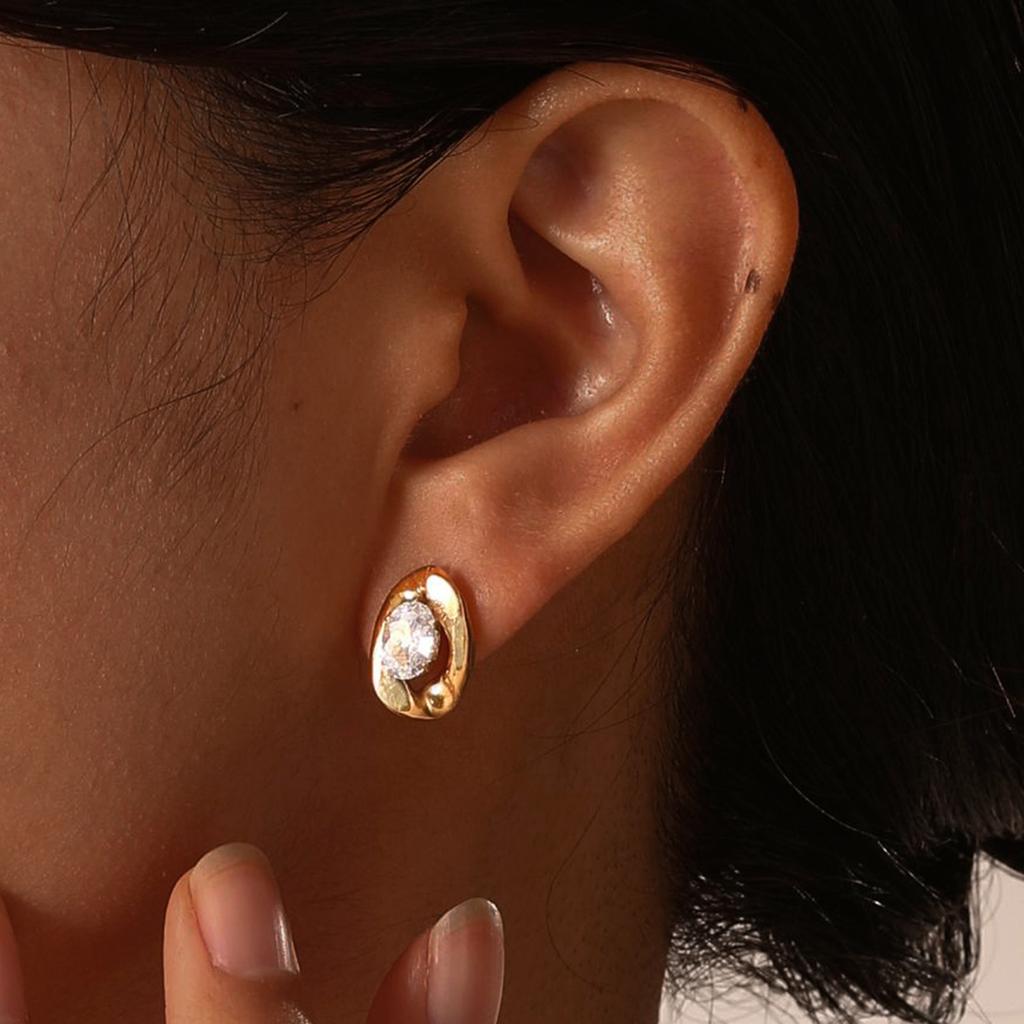 Earrings Stainless Steel Oval White Zircon Stud Earrings Gold Ladies Fashion Earrings, Necklace