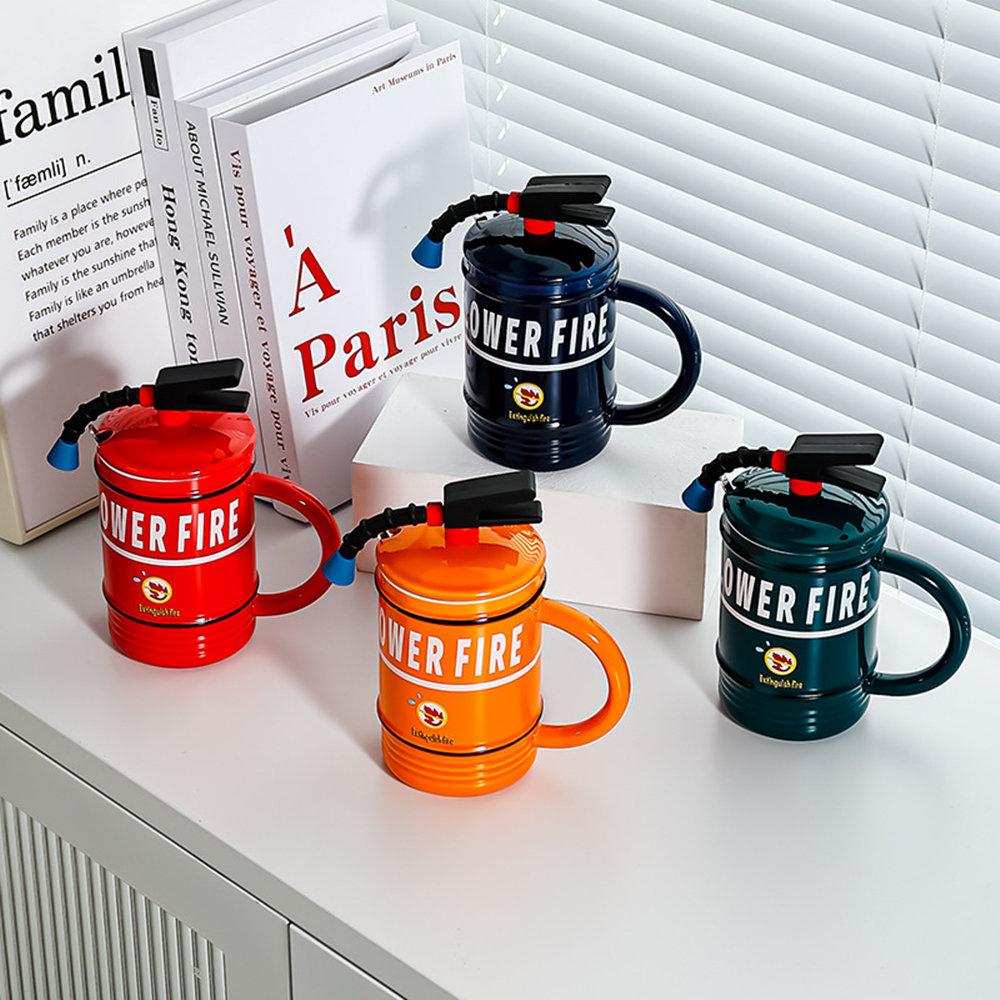 450ML Fire Shaped Extinguisher Ceramic Mug with Spoon Handle Lid Porcelain Coffee Tea Milk Cup Breakfast Water Gift for Fireman