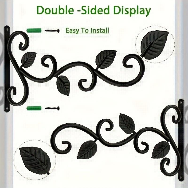 2pcs Black Wrought Iron Plant Hanger with Leaf Design - Easy Install Wall Bracket for Hanging Flower Baskets, Bird Feeders