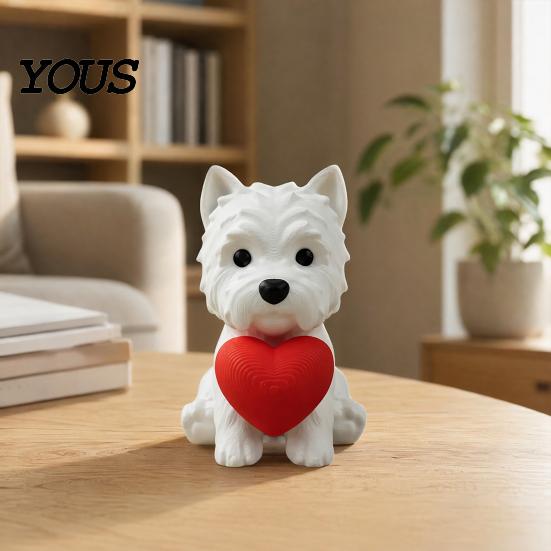 Office Desk Pet Decor 3D Printed West Highland Terrier Figurine, Cute Dog Statue Holding Red Heart, Small Sculpture Car Dashboard Decor,