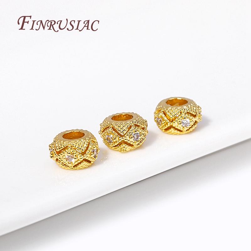 18K Gold Plated Inlaid Zircon Round Spacer Beads Metal Big Hole Beads For Bracelet DIY Jewellery Making Needlework Supplies