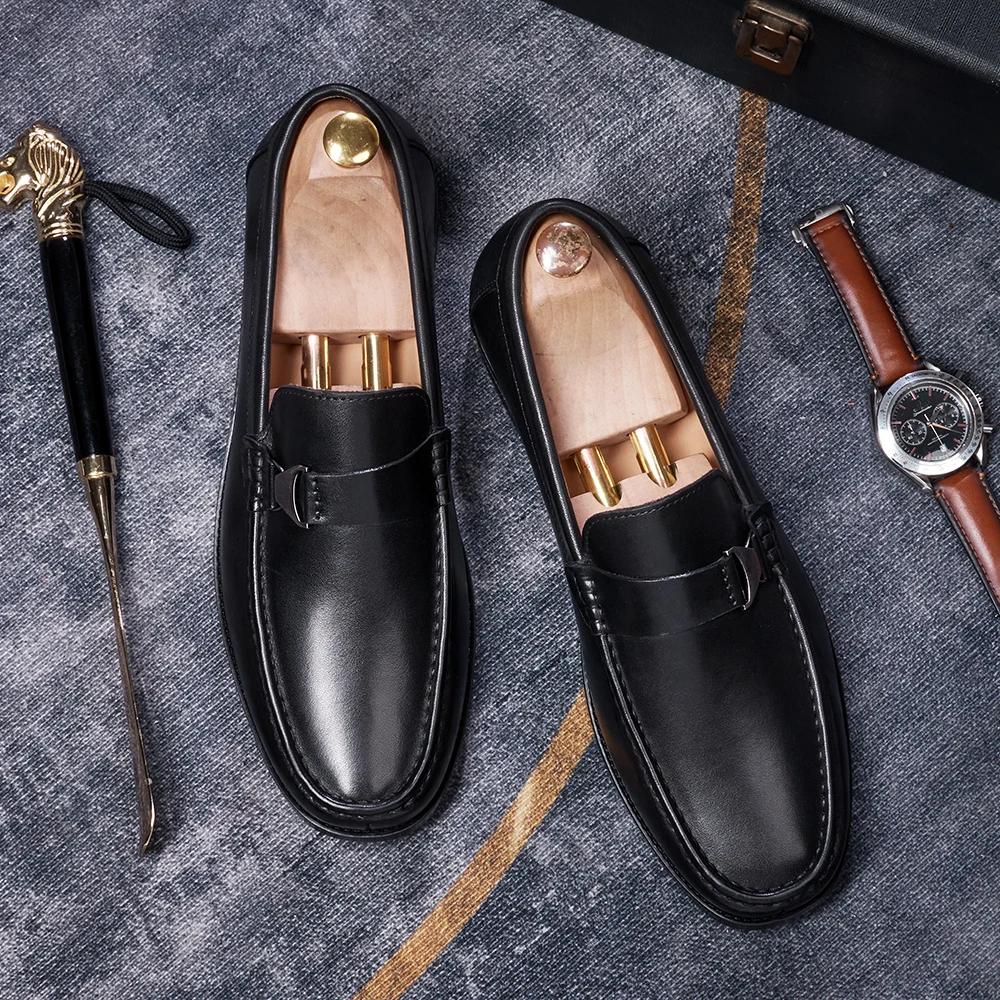 Luxury Men Penny Loafers Genuine Leather Slip On Black Casual Business Dress Shoes Mens Wedding Party Office Shoes