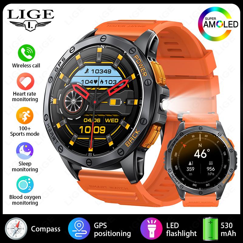 

Military GPS Smart Watch Men AMOLED HD Screen Bluetooth Call Heart Rate LED Flashlight Compass 530mAh Smartwatches New