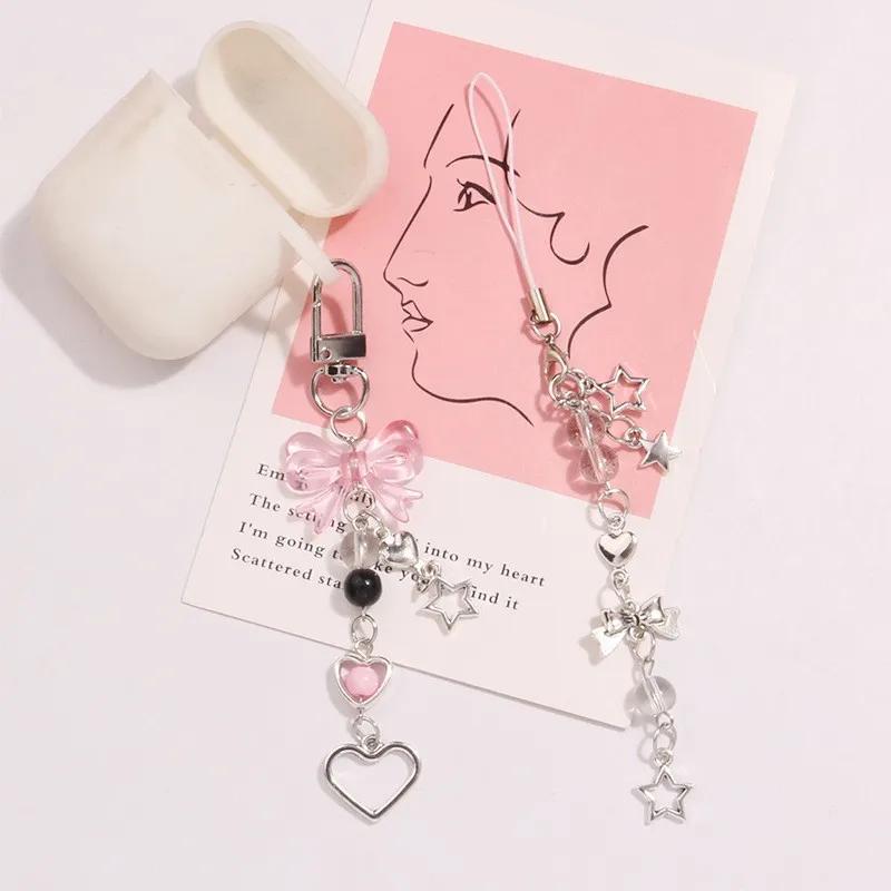 Phone Charm Pink Silve Bow Heart Star Keychain Pendant Key Chain Bag Phone Chain Cute Accessory for Girls Women Jewelry