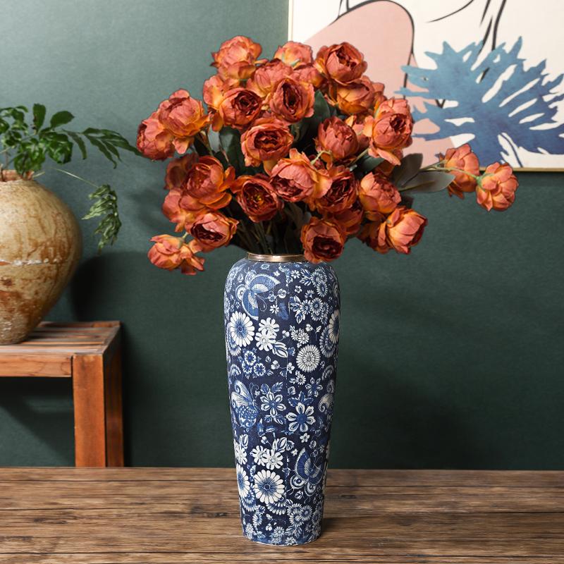 35CM Blue and White Porcelain Vase: Chinese-Style Ceramic Flower Container for Hydroponic Bamboo or Living Room Décor.