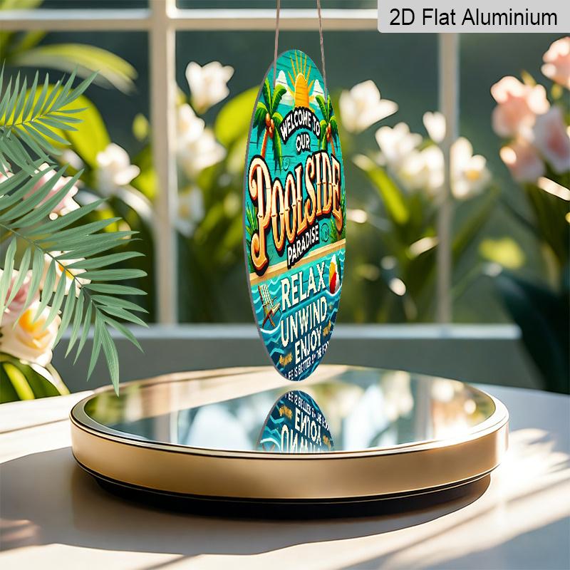 Plano 2D, 1 Peça de Alumínio Redonda "Bem-vindo ao Nosso Paraíso à Beira da Piscina", Placa de Metal de Verão Tropical para Piscina com Palmeiras e Bola de Praia, Impermeável