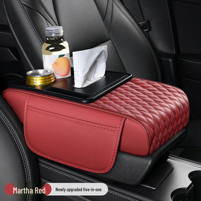5-in-1 Leather Car Armrest Cushion with Storage & Tissue Holder