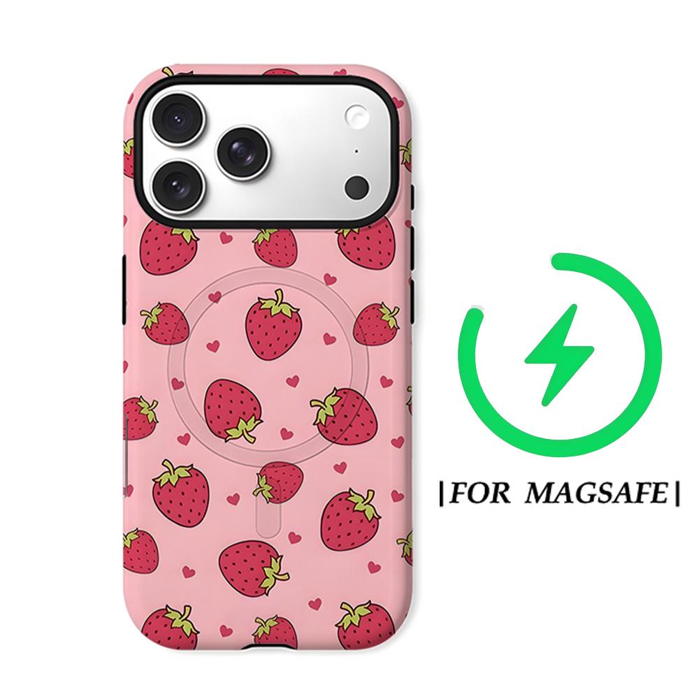 Custodia per Telefono Rosa con Cuori di Fragola per IPhone 17AIR 16E 16 15 14 13 12 11 17 Pro Max Plus Cover Posteriore a Doppio Strato