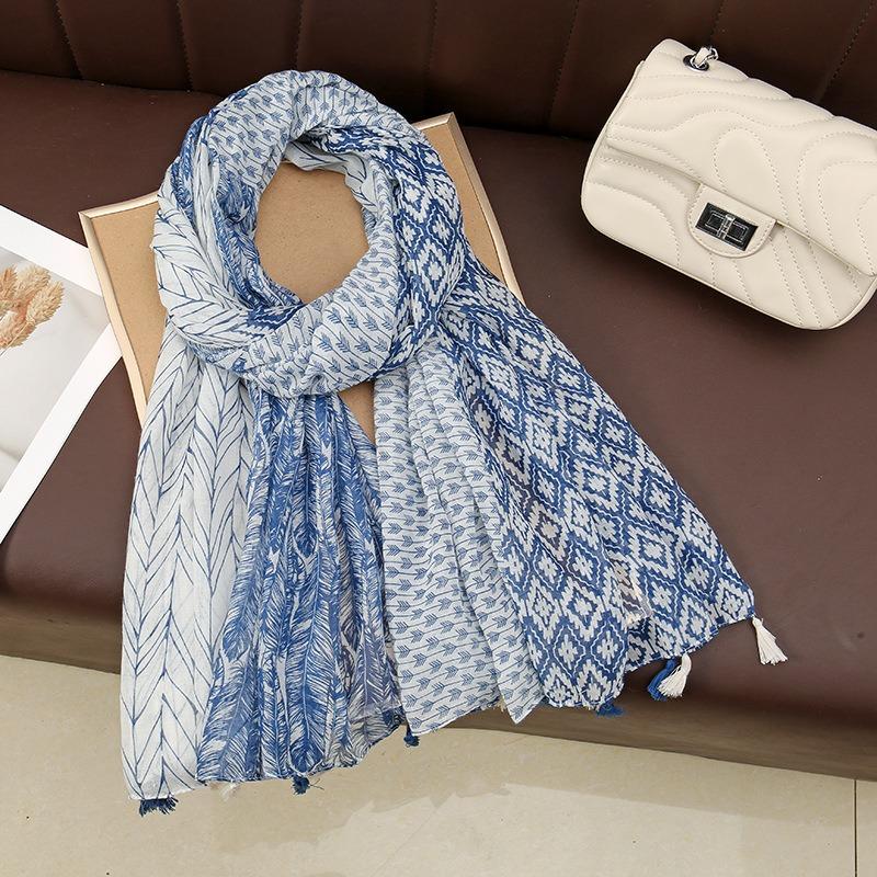 Spring and Summer New Cotton and Linen Feel Polyester Scarf Literary Geometric Rhombus Travel Beard Fringed Shawl