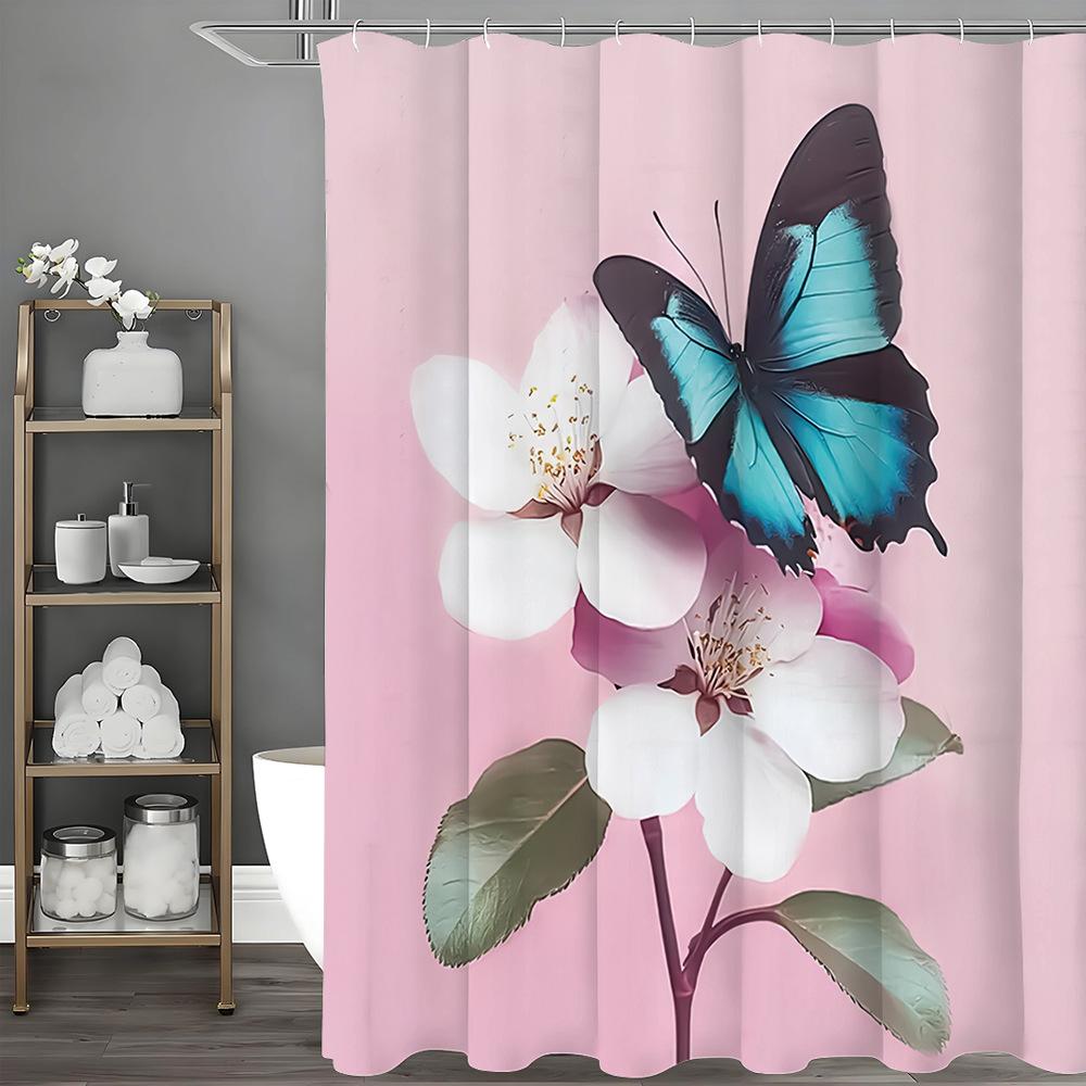 

Pink Flowers And Butterflies Shower Curtain Washable Dirt-Resistant Shower Head Waterproof Polyester Bath Curtain For Home Decor W60H190(CM)-1 Pcs
