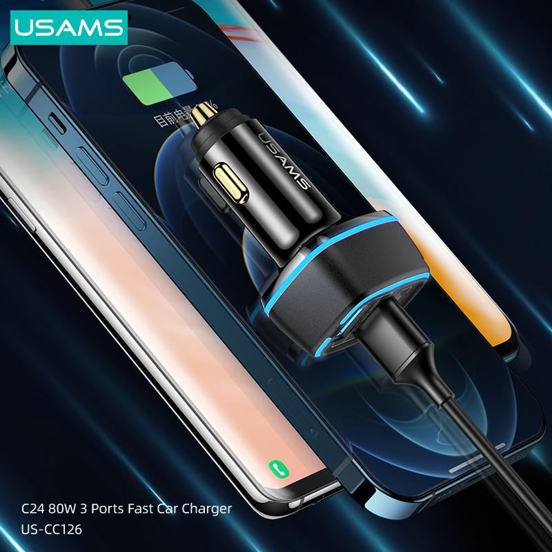 USAMS 80W 3 USB Ports Fast Car Charger PD QC 3.0 AFC FCP Phone Charger For iPhone Xiaomi Huawei Samsung Phone Tablet
