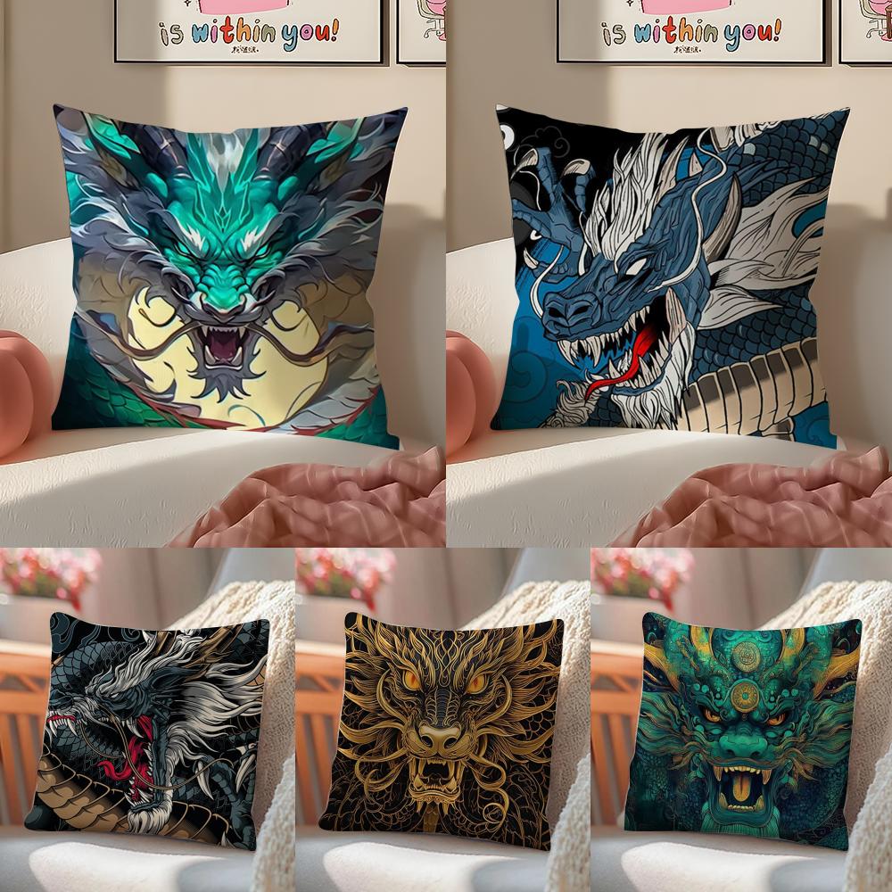 Mythology Traditional Japanese Dragon Cushion Cover Pillowcase Short Plush Invisible Zipper Room Sofa Cushion Cover