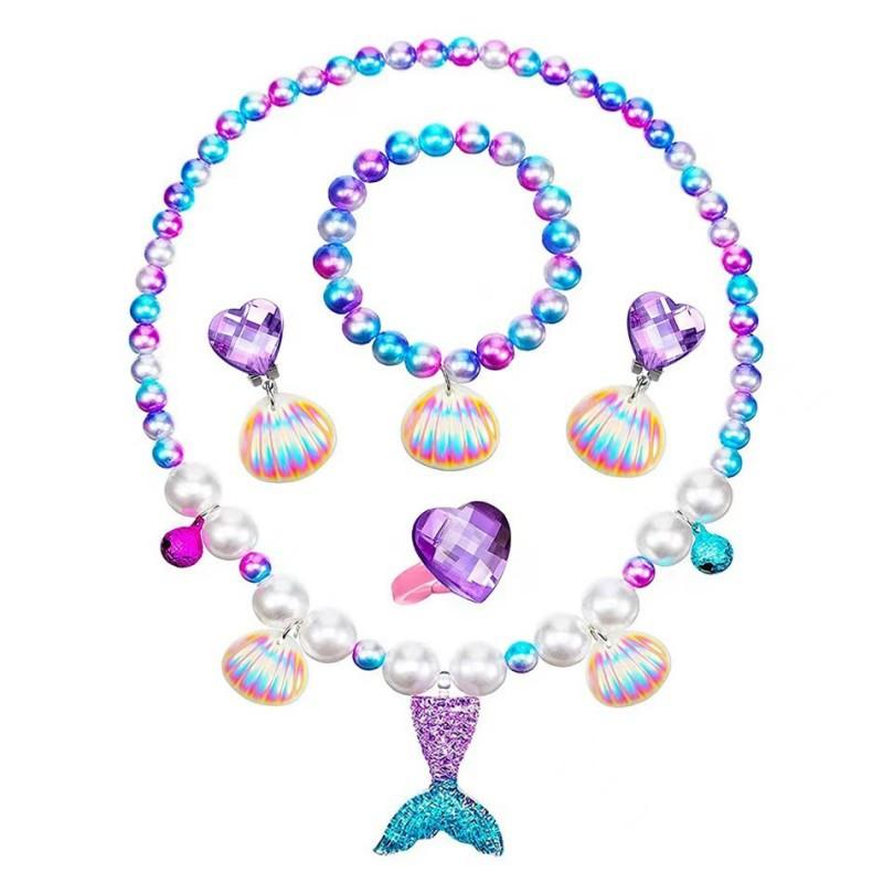 5Pcs/Set Mermaid Pearl Shell Necklace Pendant Earrings Rings Set Girl Princess Birthday Party Decorations Little Mermaid Accesso
