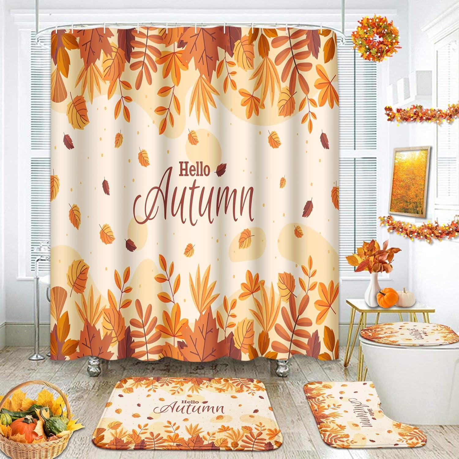

Arttown Fall Shower Curtain Set With Toilet Lid Cover And Non-Slip Rugs, Gnomes Autumn Pumpkins Teal Truck Thanksgiving Harvest W60H190(CM)-1 Pcs