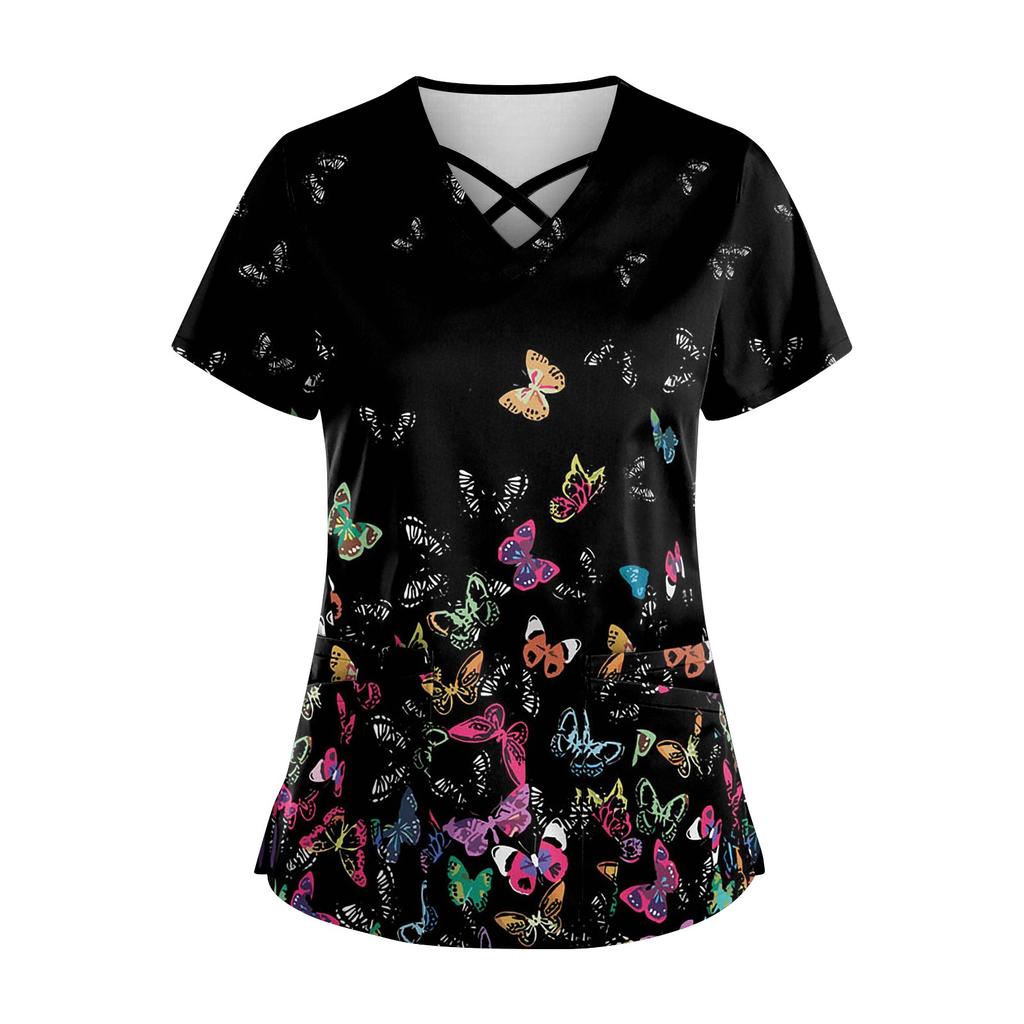 Plus SizePrinted Scrub Working Uniform Tops para mulheres Cross V-neck Halloween Print manga curta camisetas divertidas Workwear Tee com bolsos