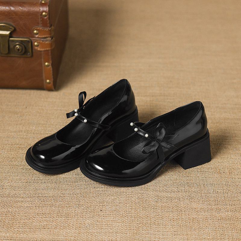 Krazing Pot Microfiber Round Toe Thick Med Heels Spring Summer Shoes Big Size 43 Pearl Bowtie Women Platform Pumps