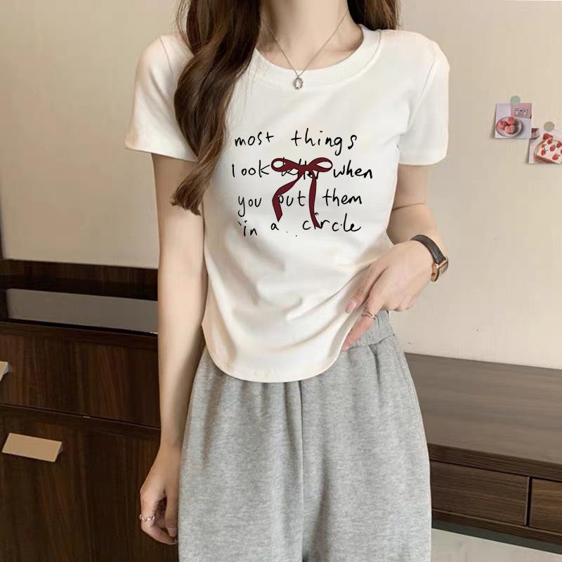 

Korean new letter bow contrasting color short-sleeved cotton T-shirt women s 2025 spring and summer shoulder versatile half-sleeved tee M