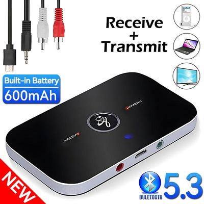 Transmisor y receptor de audio Bluetooth 5.3 mejorado con conector RCA de 3,5 mm y conector auxiliar USB, adaptador inalámbrico de música para coche, PC, TV y auriculares.