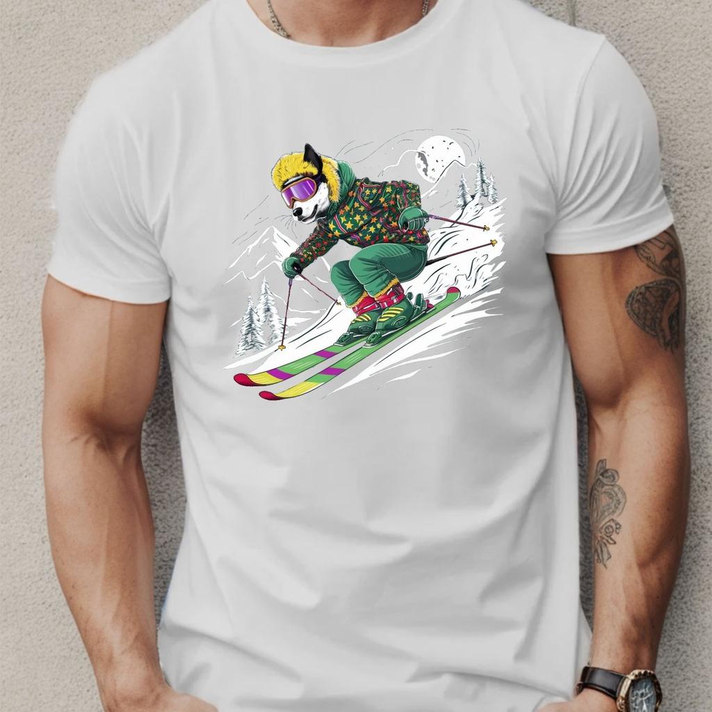 Cool Fox Skiing Graphic Tee Mens Casual Crew Neck Short Sleeve T Shirt Breathable Summer Top