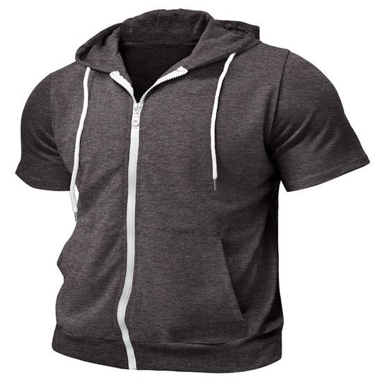 Men's Zip-up Hooded T-Shirt Summer Short Sleeve Hoodie Tee Solid Color Full Zipper Tee Shirt with Pockets for Daily Sports Street Gym