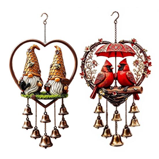 Sunlight Catching Home Decor Heart-Shaped Couple Wind Chime, Honeybee Gnome & Red Bird Outdoor Hanging Decor, Decorative Doorbell