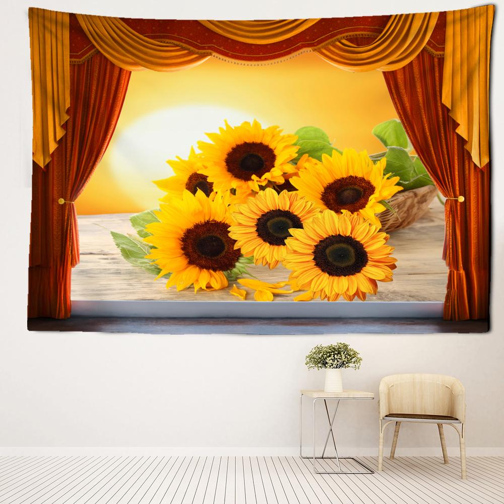 Sunflower Landscape Window Tapestry Wall Hanging Natural Minimalist Art Bohemian Hippie Living Room Bedroom Home Decor