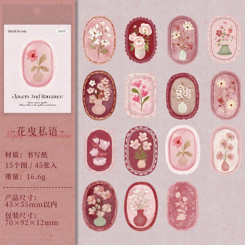 1box/45pcs Vintage Floral Theme Decor Stickers, Art Retro Flower Patterns, DIY Handmade Album Scrapbooking Decorative Paper