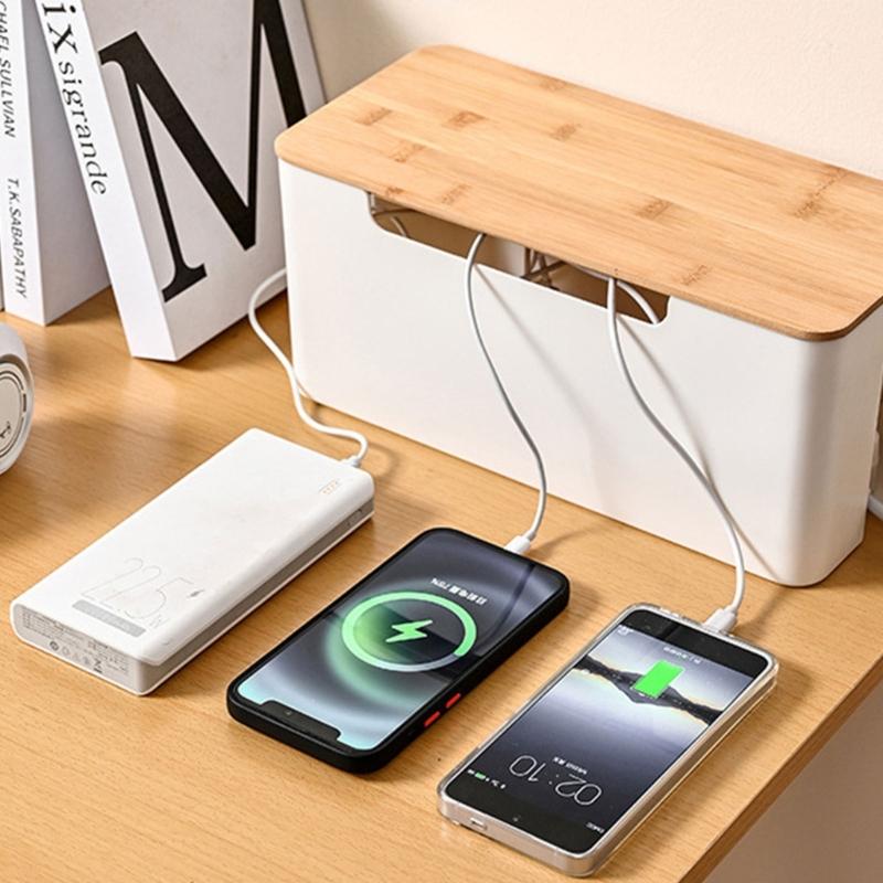 Practical Cable Box With Wood Top Wall Mounted Cable Management Container with Wood Lids for Safe Wire Keeping