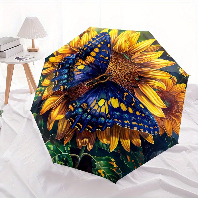 Butterfly Sunflower Themed Automatic Opening and Closing Umbrella Creative Design Umbrella, Portable Tri Fold Small Umbrella for Men and W