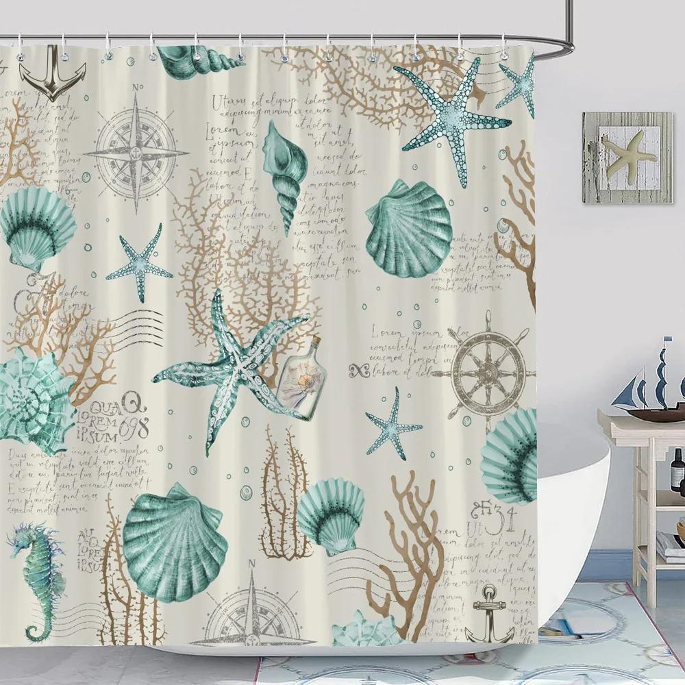 Vintage Anchor Starfish Nautical Pattern Shower Curtain Shell Coral Blue Classic Modern Simple Cloth Bath Curtain Bathroom Decor 90x180cm