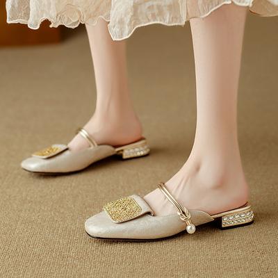 Fashion Women's New Summer Square Head Genuine Leather Printed Cowhide with Diamond Inlay, Low Heel, Large-sized Baotou Muller Slippers