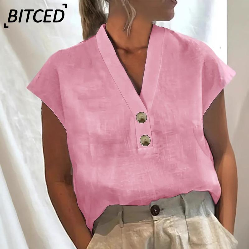 BITCED Women's Fashion Casual Solid Color Print Short Sleeve V Neck Blouses & Shirts