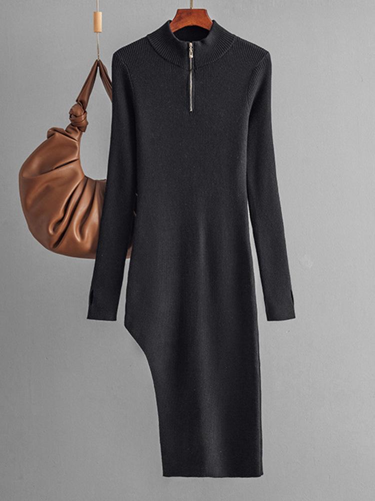 Pletené šaty na zip Dámské 2024 Podzim Zima Polodlouhý rolák Dlouhé přiléhavé Jednobarevné šaty pro ženy Stehenní Midi Rozparek Šaty