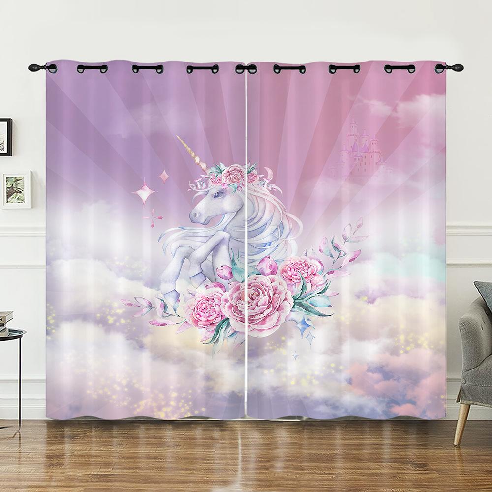 Curtains Cartoon Unicorn Decorative Sunshade Digital Printing Curtains Blackout Free Punching