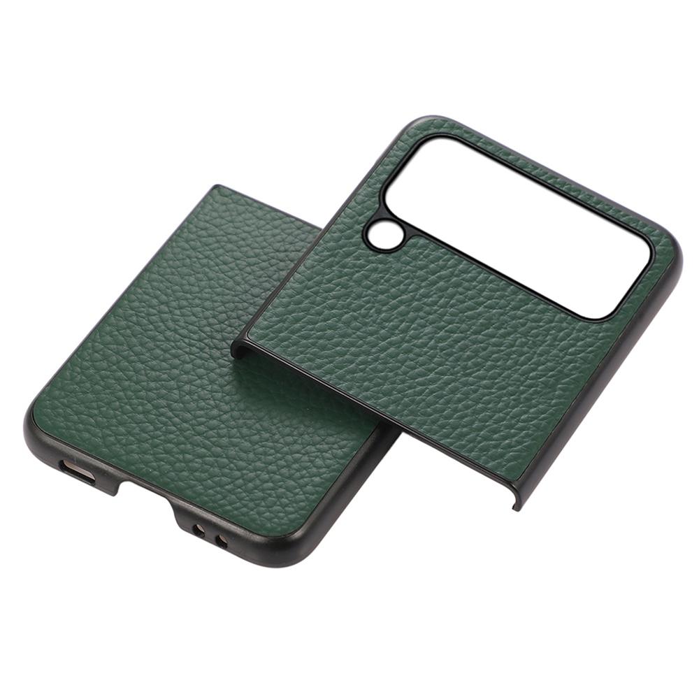 

For Samsung Galaxy Z Flip4 5G Litchi Texture Genuine Leather Phone Case TPU+PC Hybrid Shock-Absorption Shell Green