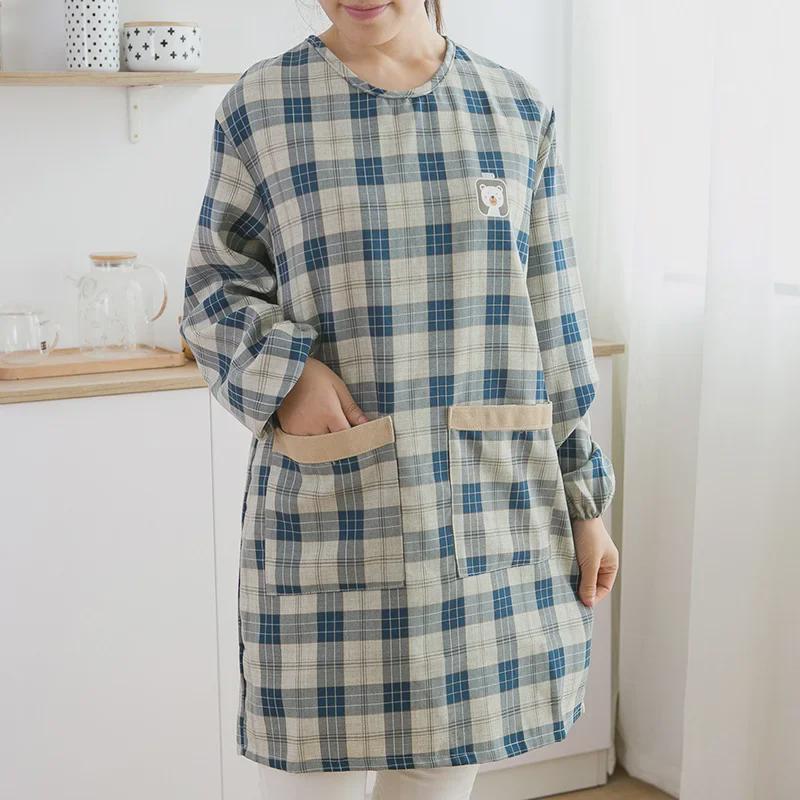 Fartuch kuchenny w kratę w stylu japońskim z misiem, wodoodporny, odporny na zabrudzenia – dwustronny kombinezon do gotowania
