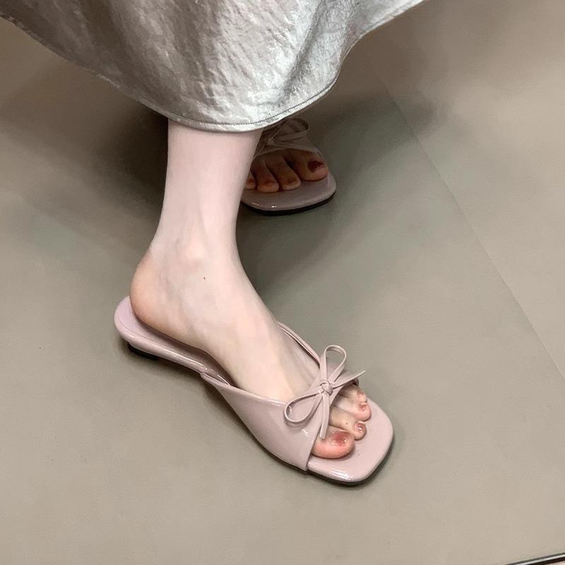 French gentle bow with thick heel cool slippers women's summer wear open toe with skirt temperament sandals