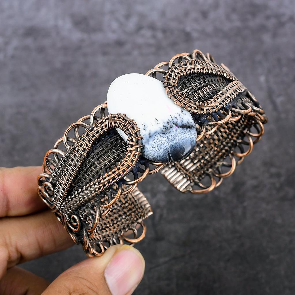 Natural Dendrite Opal Gemstone Copper Wire Wrap Cuff Bangle Adjustable o8I02