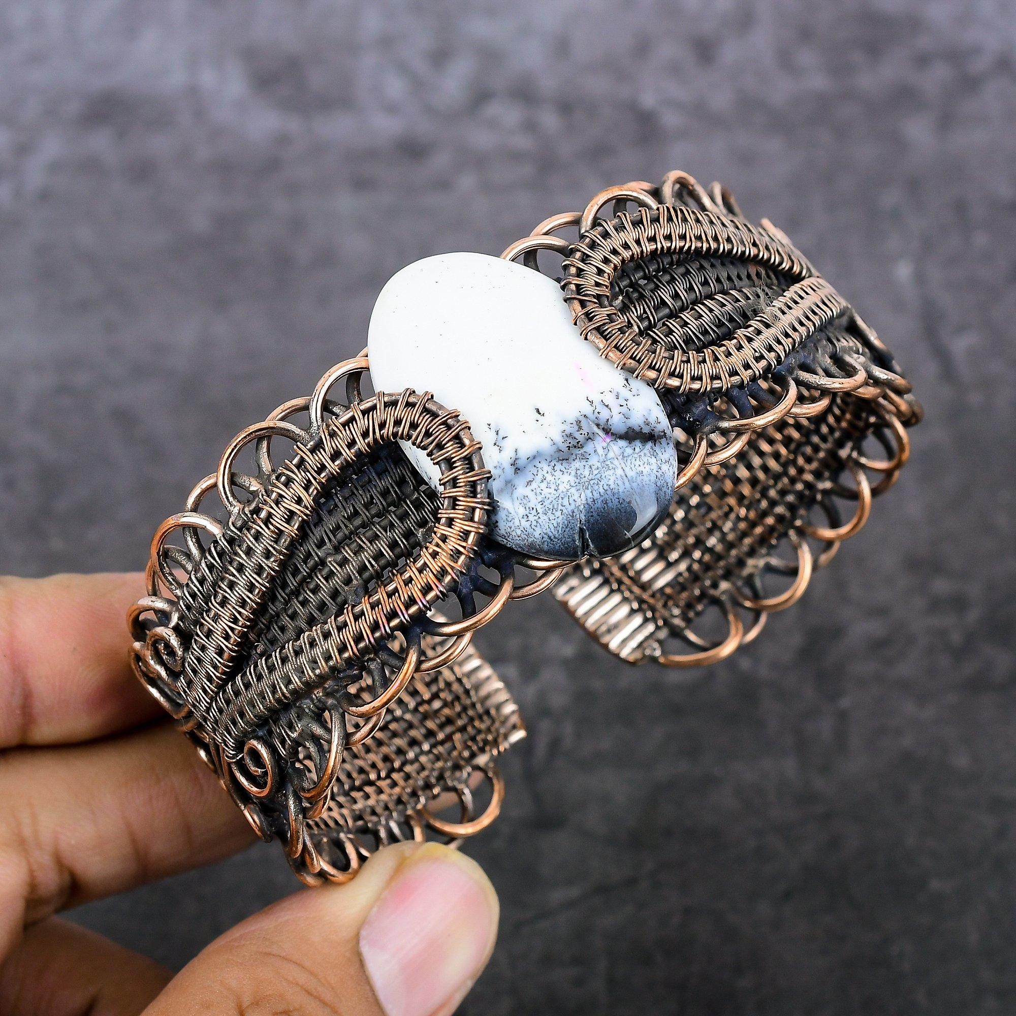 

Natural Dendrite Opal Gemstone Copper Wire Wrap Cuff Bangle Adjustable o8I02