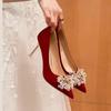 Women's Red Sparkly Stiletto Bridal Shoes, New French Style, Pointed Toe, Xiuhe High Heels
