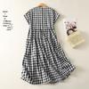 Women's Short Sleeve Plaid Shirt Dress - Fashionable, Loose-Fit, Slimming Cotton and Linen Design