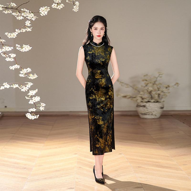 Black velvet sleeveless national style Suzhou long autumn qipao, improved youthful style, sophisticated for women, spring-autumn