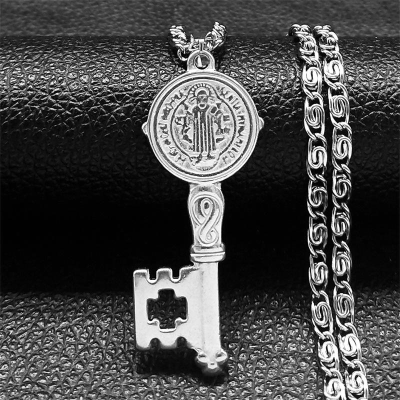 Collana con ciondolo chiave della vita di San Benedetto per donna e uomo Acciaio inossidabile Hip Hop Medaglia di San Benito Articolo